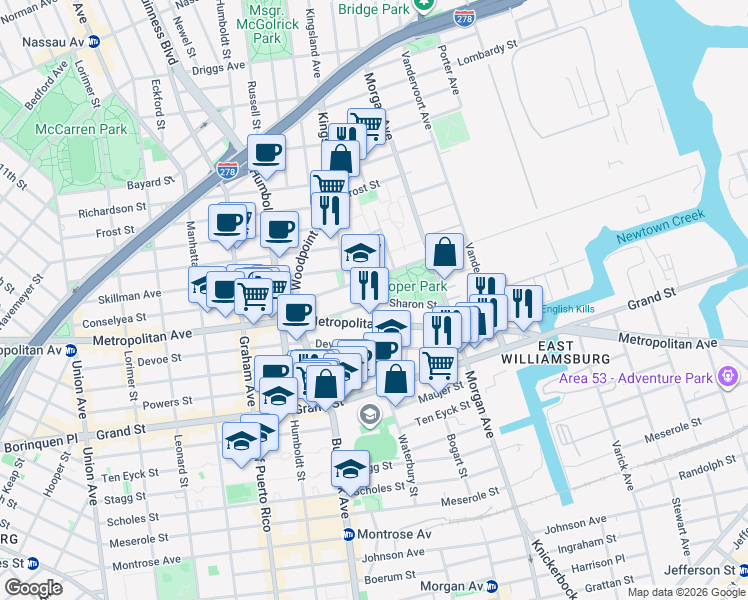 map of restaurants, bars, coffee shops, grocery stores, and more near 83 Olive Street in Brooklyn