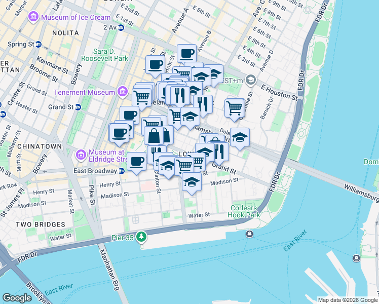 map of restaurants, bars, coffee shops, grocery stores, and more near 383 Grand Street in New York