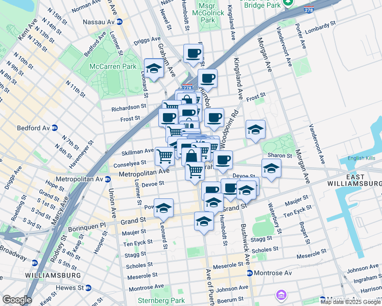 map of restaurants, bars, coffee shops, grocery stores, and more near 176 Skillman Avenue in Brooklyn