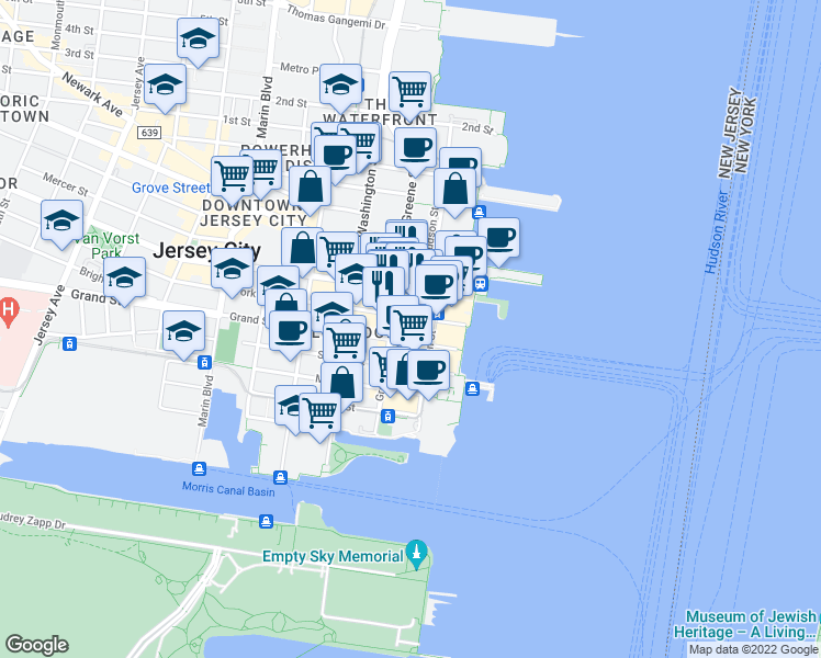 map of restaurants, bars, coffee shops, grocery stores, and more near 101 Hudson Street in Jersey City