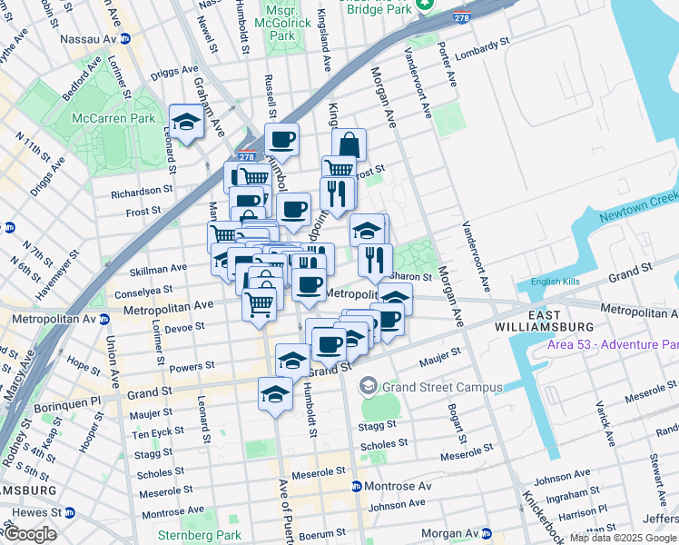 map of restaurants, bars, coffee shops, grocery stores, and more near 240A Skillman Avenue in Brooklyn
