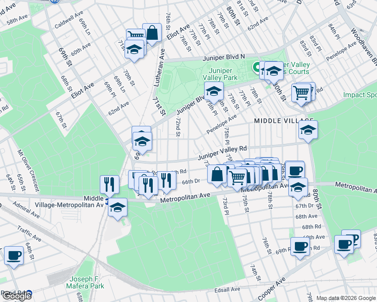 map of restaurants, bars, coffee shops, grocery stores, and more near 63-72 Pleasantview Street in Queens