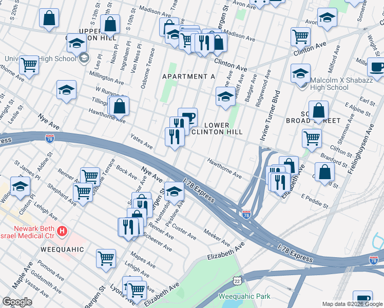 map of restaurants, bars, coffee shops, grocery stores, and more near in Newark