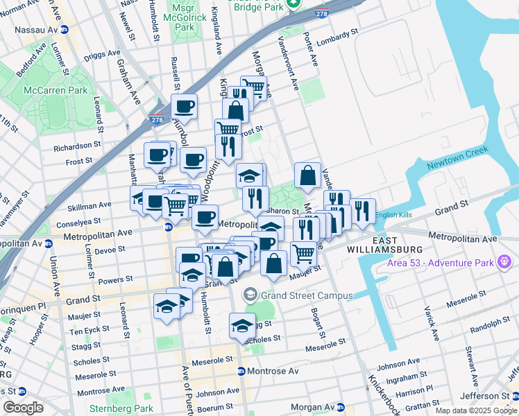 map of restaurants, bars, coffee shops, grocery stores, and more near 82 Olive Street in Brooklyn