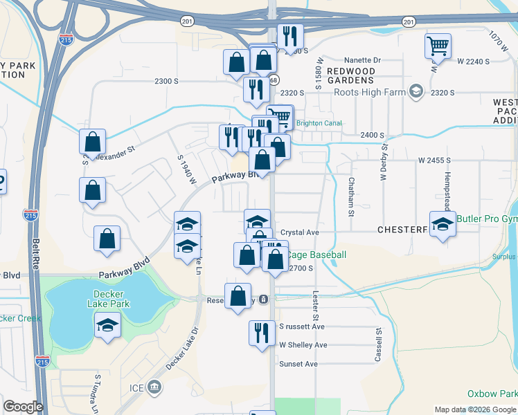 map of restaurants, bars, coffee shops, grocery stores, and more near 2532 South Lake Park Circle in West Valley City