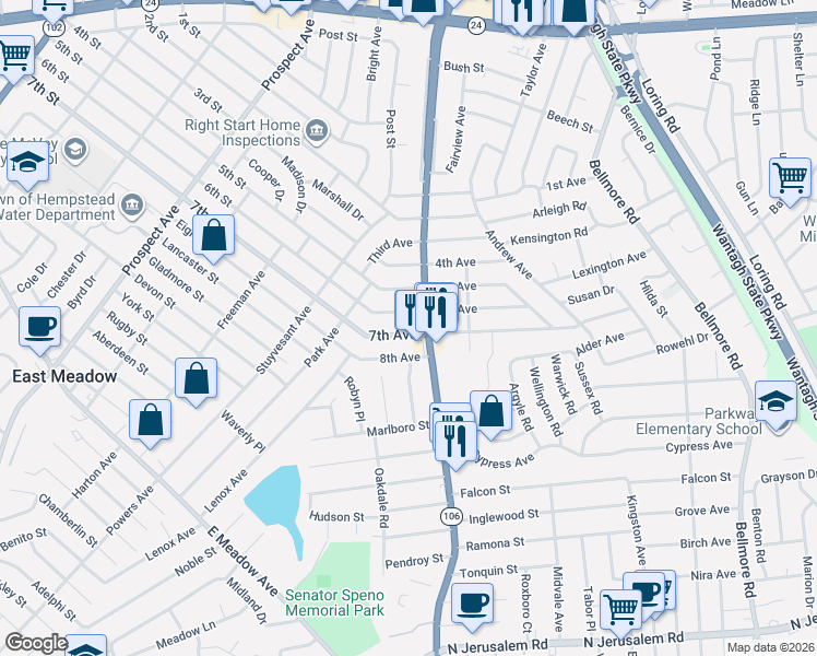 map of restaurants, bars, coffee shops, grocery stores, and more near 2472 6th Avenue in East Meadow
