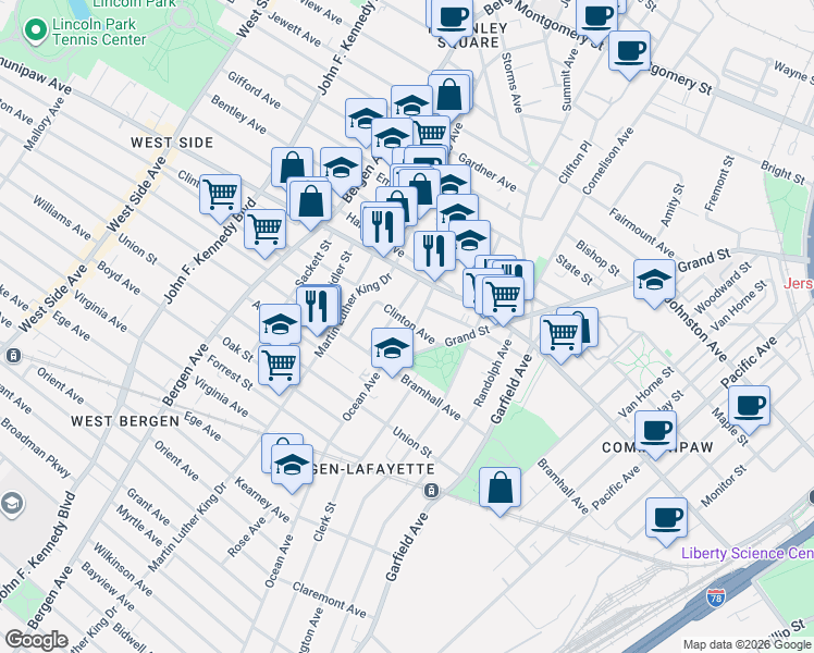 map of restaurants, bars, coffee shops, grocery stores, and more near in Jersey City