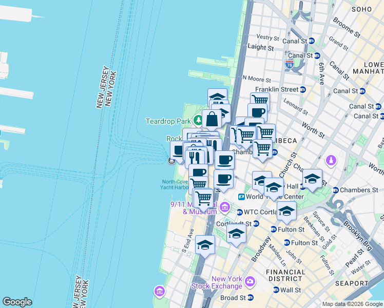 map of restaurants, bars, coffee shops, grocery stores, and more near 102 North End Avenue in New York