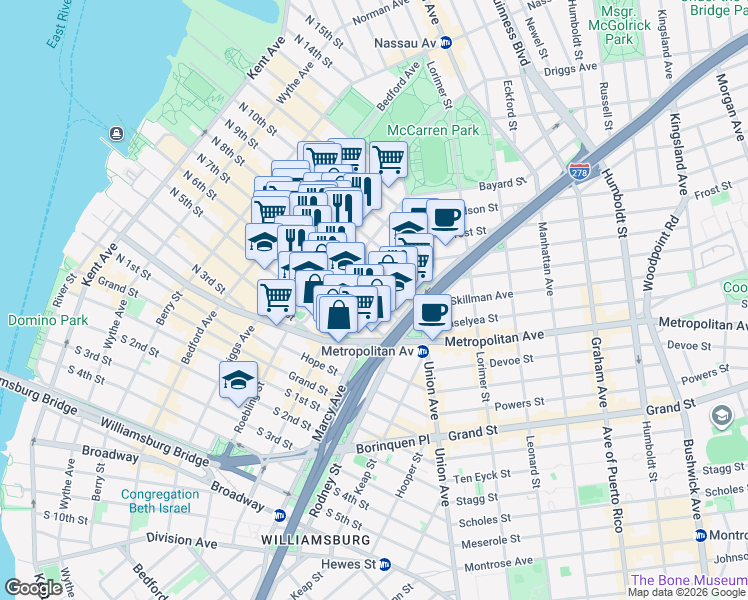 map of restaurants, bars, coffee shops, grocery stores, and more near Havemeyer Street & North 7th Street in Brooklyn