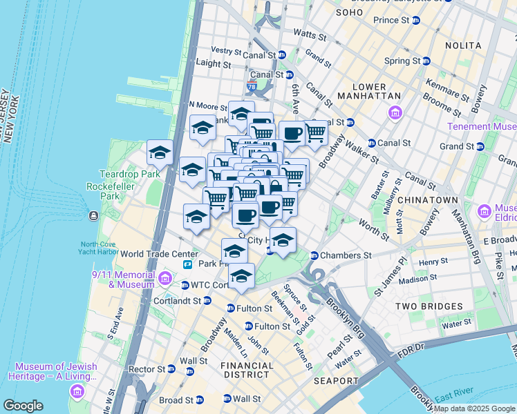 map of restaurants, bars, coffee shops, grocery stores, and more near Reade Street in New York