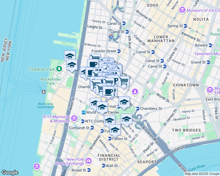 map of restaurants, bars, coffee shops, grocery stores, and more near 95 Reade Street in New York