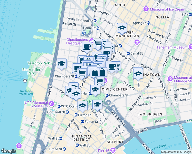 map of restaurants, bars, coffee shops, grocery stores, and more near 100 Duane Street in New York
