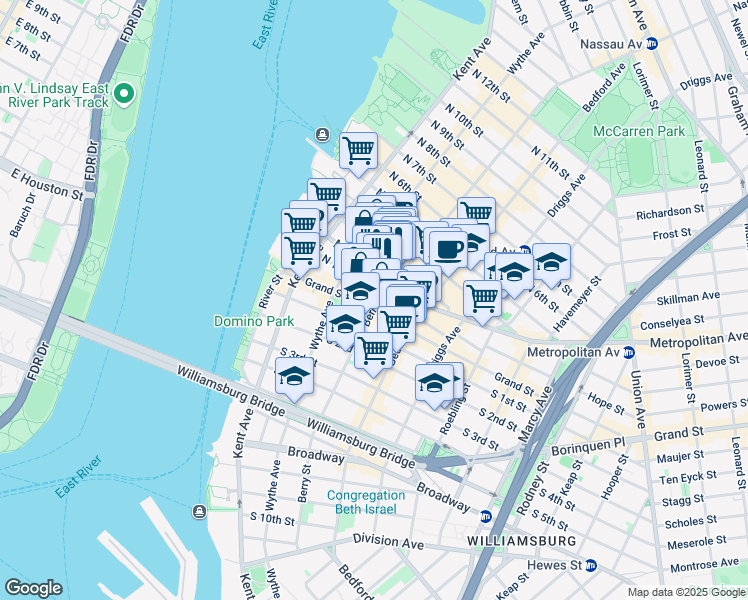 map of restaurants, bars, coffee shops, grocery stores, and more near 149 Metropolitan Avenue in Brooklyn