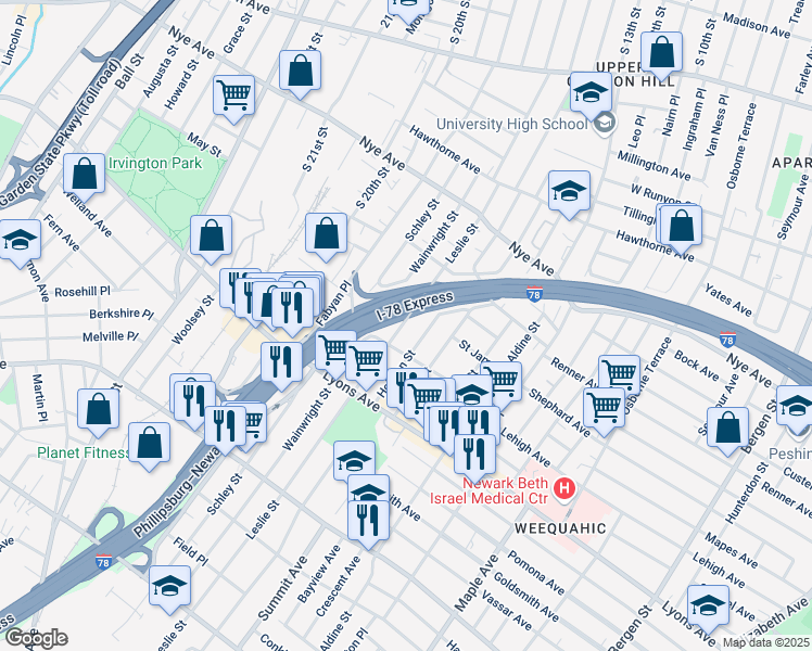 map of restaurants, bars, coffee shops, grocery stores, and more near 236 Leslie Street in Newark