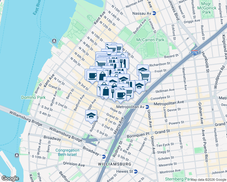map of restaurants, bars, coffee shops, grocery stores, and more near 88 Roebling Street in Brooklyn