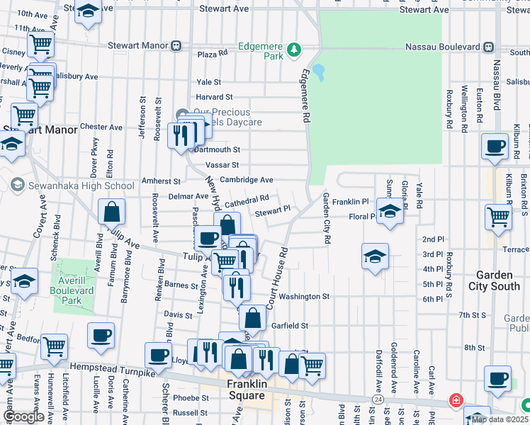 map of restaurants, bars, coffee shops, grocery stores, and more near Stewart Place in Franklin Square
