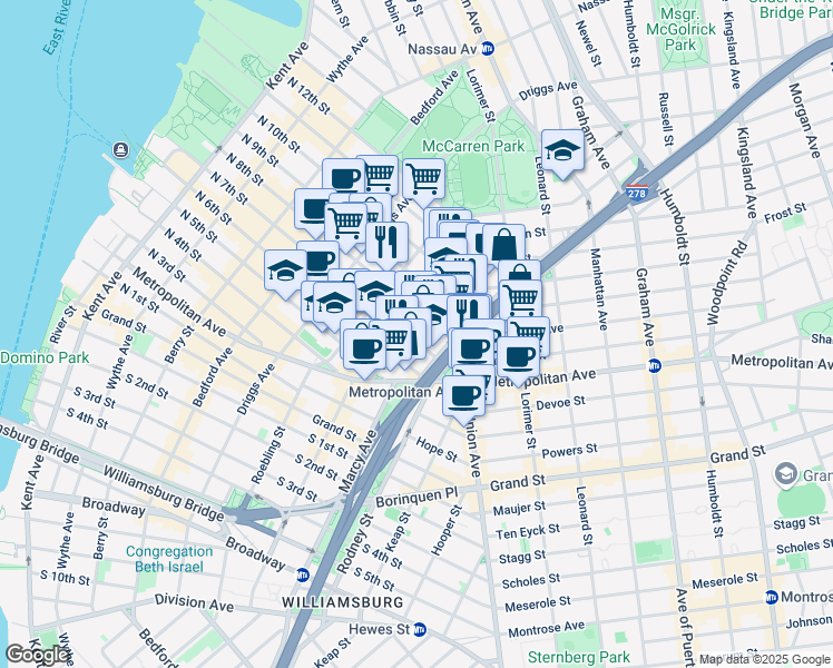 map of restaurants, bars, coffee shops, grocery stores, and more near 21-1 Havemeyer Street in Brooklyn