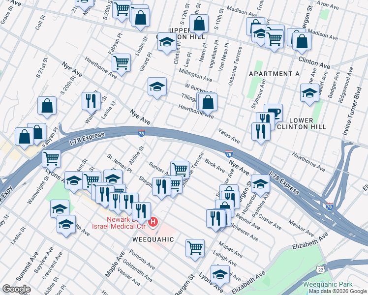 map of restaurants, bars, coffee shops, grocery stores, and more near 37 Schuyler Avenue in Newark