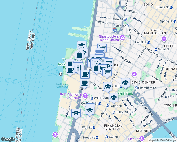 map of restaurants, bars, coffee shops, grocery stores, and more near 171 West Street in New York