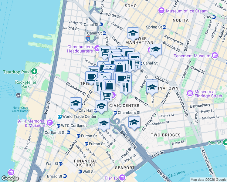 map of restaurants, bars, coffee shops, grocery stores, and more near 26 Federal Plaza in New York