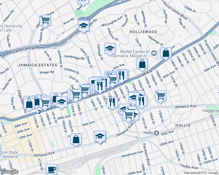 map of restaurants, bars, coffee shops, grocery stores, and more near 188-11 Hillside Avenue in Queens