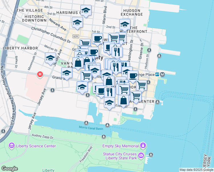 map of restaurants, bars, coffee shops, grocery stores, and more near 131 York Street in Jersey City