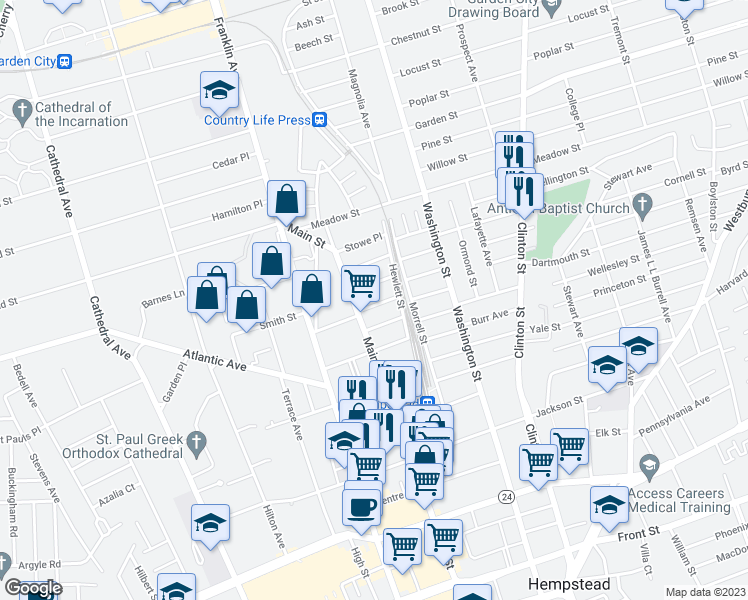 map of restaurants, bars, coffee shops, grocery stores, and more near 81 Union Place in Hempstead