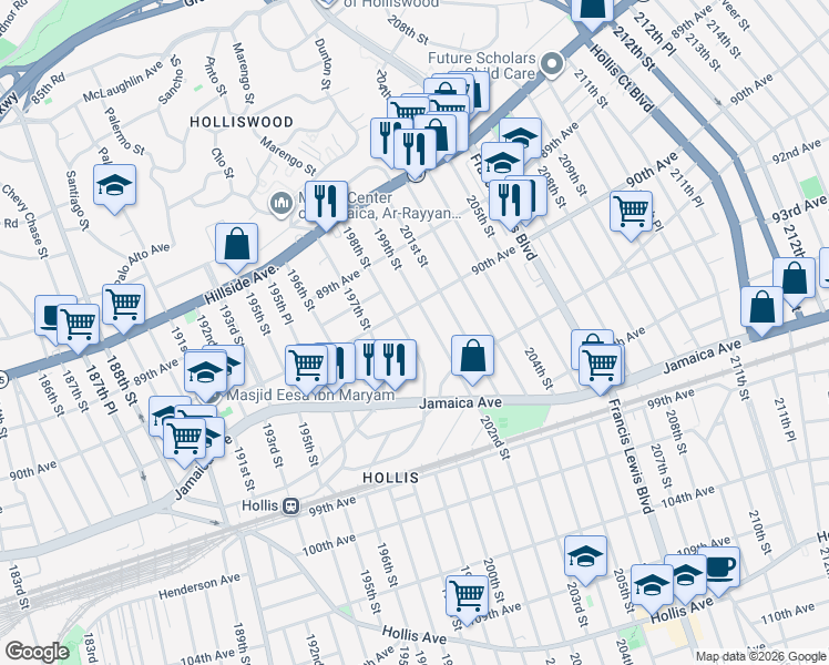 map of restaurants, bars, coffee shops, grocery stores, and more near 90-25 198th Street in Queens