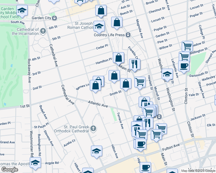 map of restaurants, bars, coffee shops, grocery stores, and more near 45 Intersection Street in Hempstead