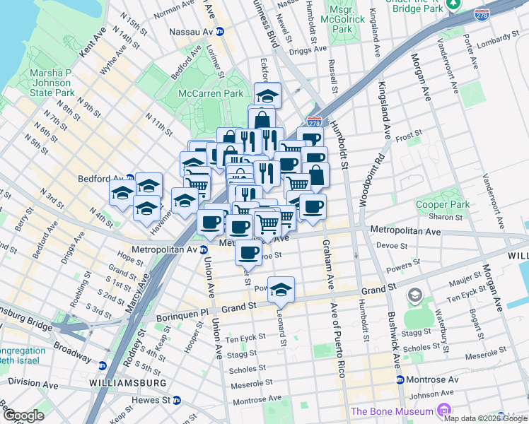 map of restaurants, bars, coffee shops, grocery stores, and more near 76 Jackson Street in Brooklyn