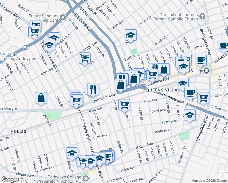 map of restaurants, bars, coffee shops, grocery stores, and more near 94-20 Hollis Court Boulevard in Queens