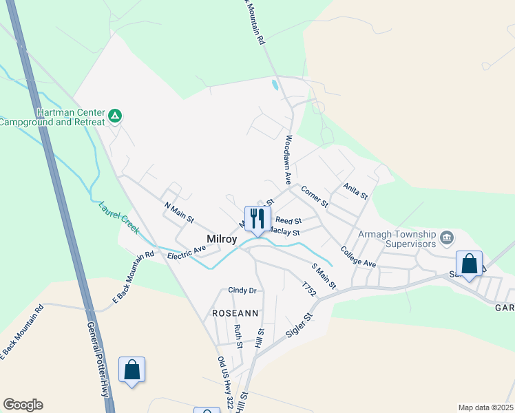 map of restaurants, bars, coffee shops, grocery stores, and more near 71 Mechanic Street in Milroy