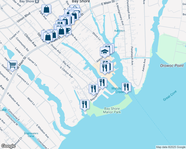 map of restaurants, bars, coffee shops, grocery stores, and more near 97 Ocean Avenue in Bay Shore