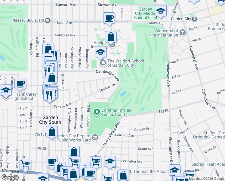 map of restaurants, bars, coffee shops, grocery stores, and more near 300 Cambridge Avenue in Garden City