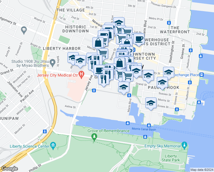 map of restaurants, bars, coffee shops, grocery stores, and more near 126 Liberty View Drive in Jersey City