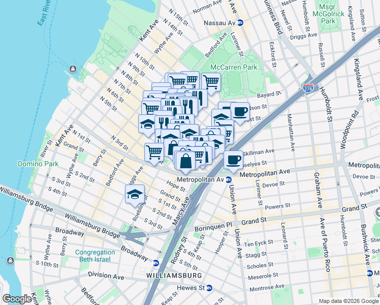 map of restaurants, bars, coffee shops, grocery stores, and more near 257 North 6th Street in Brooklyn