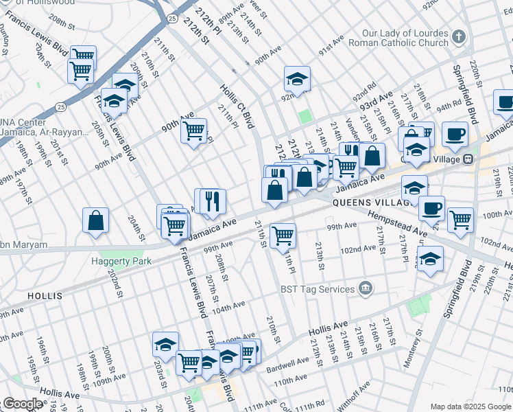map of restaurants, bars, coffee shops, grocery stores, and more near 94-37 211th Street in Queens