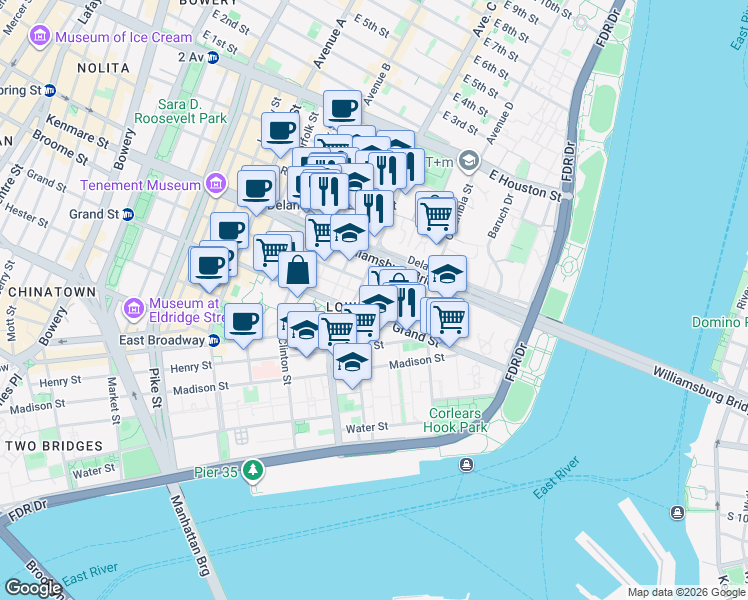 map of restaurants, bars, coffee shops, grocery stores, and more near 7 Willett Street in New York