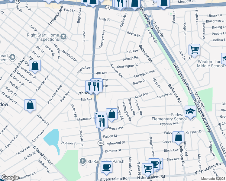 map of restaurants, bars, coffee shops, grocery stores, and more near 2545 6th Avenue in East Meadow