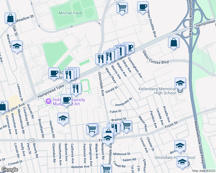map of restaurants, bars, coffee shops, grocery stores, and more near 1099 Myron Street in Uniondale