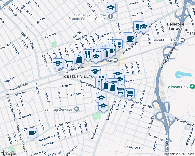 map of restaurants, bars, coffee shops, grocery stores, and more near 98-17 217th Lane in Queens