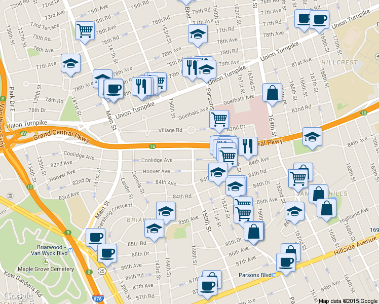 map of restaurants, bars, coffee shops, grocery stores, and more near 147-87 Grand Central Parkway in Queens