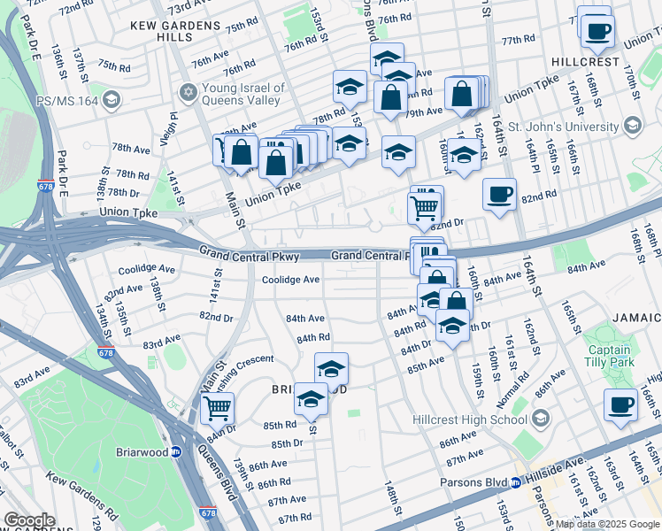 map of restaurants, bars, coffee shops, grocery stores, and more near 147-53 Grand Central Parkway in Queens