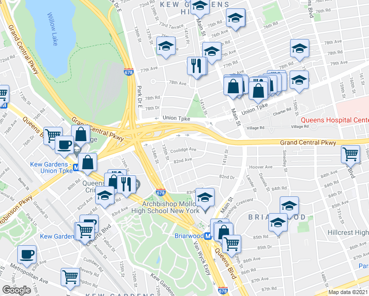 map of restaurants, bars, coffee shops, grocery stores, and more near 80-23 138th Street in Queens