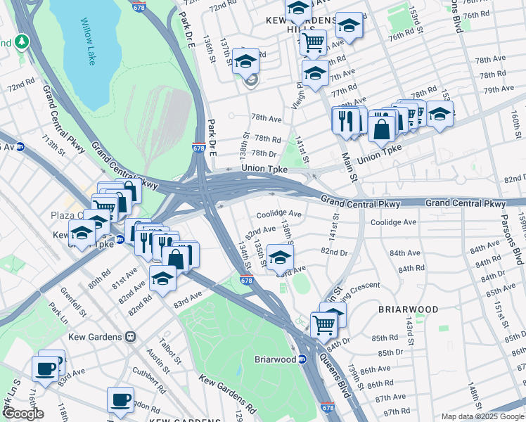 map of restaurants, bars, coffee shops, grocery stores, and more near 13530 Union Turnpike in Queens