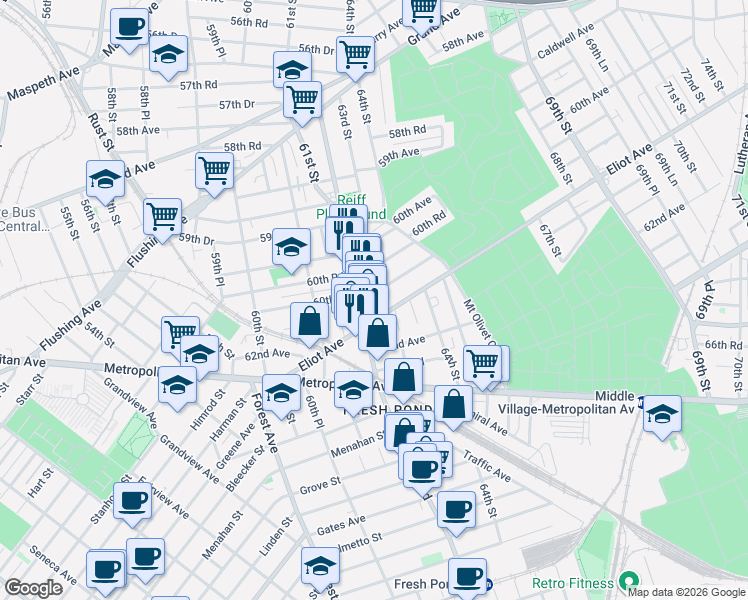 map of restaurants, bars, coffee shops, grocery stores, and more near 62-29 60th Drive in Queens