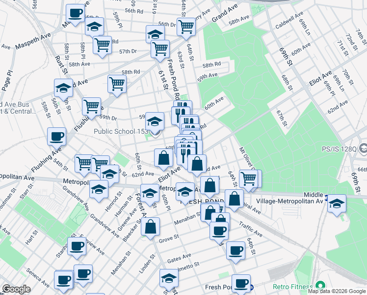 map of restaurants, bars, coffee shops, grocery stores, and more near in Queens