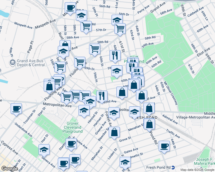 map of restaurants, bars, coffee shops, grocery stores, and more near 60-23 60th Road in Queens