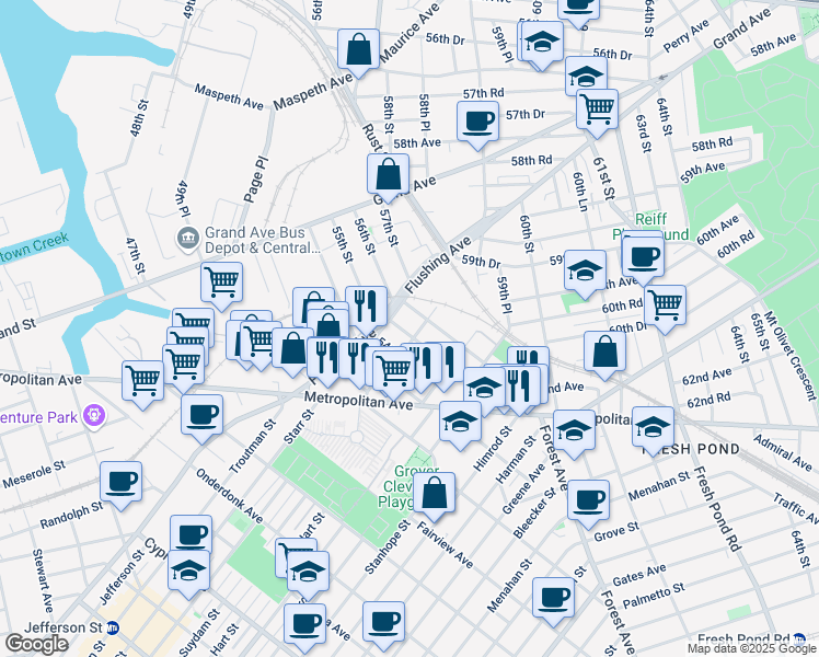 map of restaurants, bars, coffee shops, grocery stores, and more near 60-24 56th Street in Queens