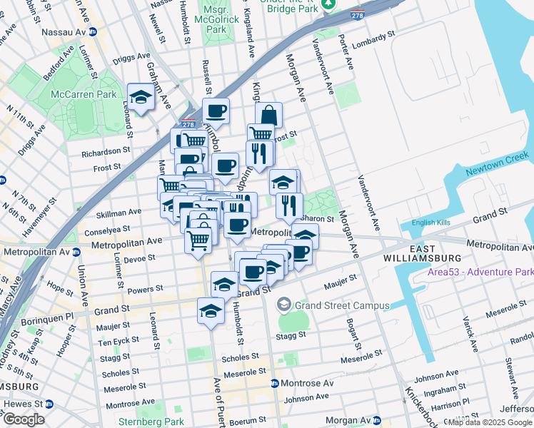 map of restaurants, bars, coffee shops, grocery stores, and more near 240A Skillman Avenue in Brooklyn